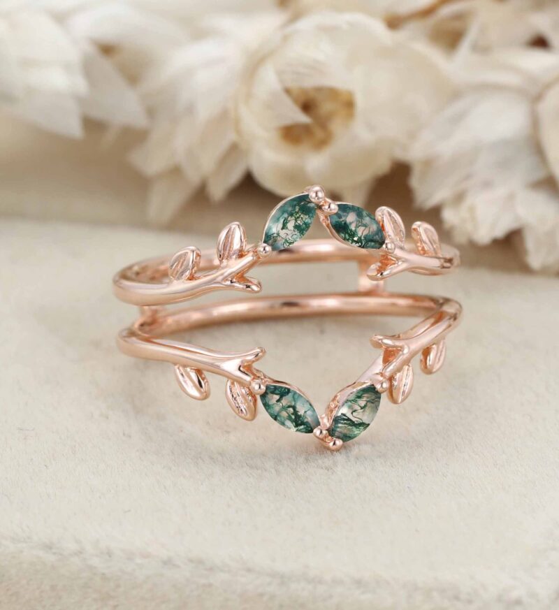 Vintage Double Curved Wedding Band Women Rose Gold Enhancer Ring Unique Marquise Moss Agate Matching Ring Jacket Antique Leaf Anniversary