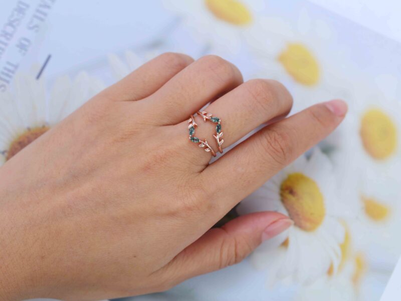 Vintage Double Curved Wedding Band Women Rose Gold Enhancer Ring Unique Marquise Moss Agate Matching Ring Jacket Antique Leaf Anniversary