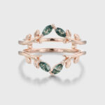 Vintage Double Curved Moss Agate Wedding Band for Women, Rose Gold Unique Leaf Matching Ring Jacket, Anniversary Gift