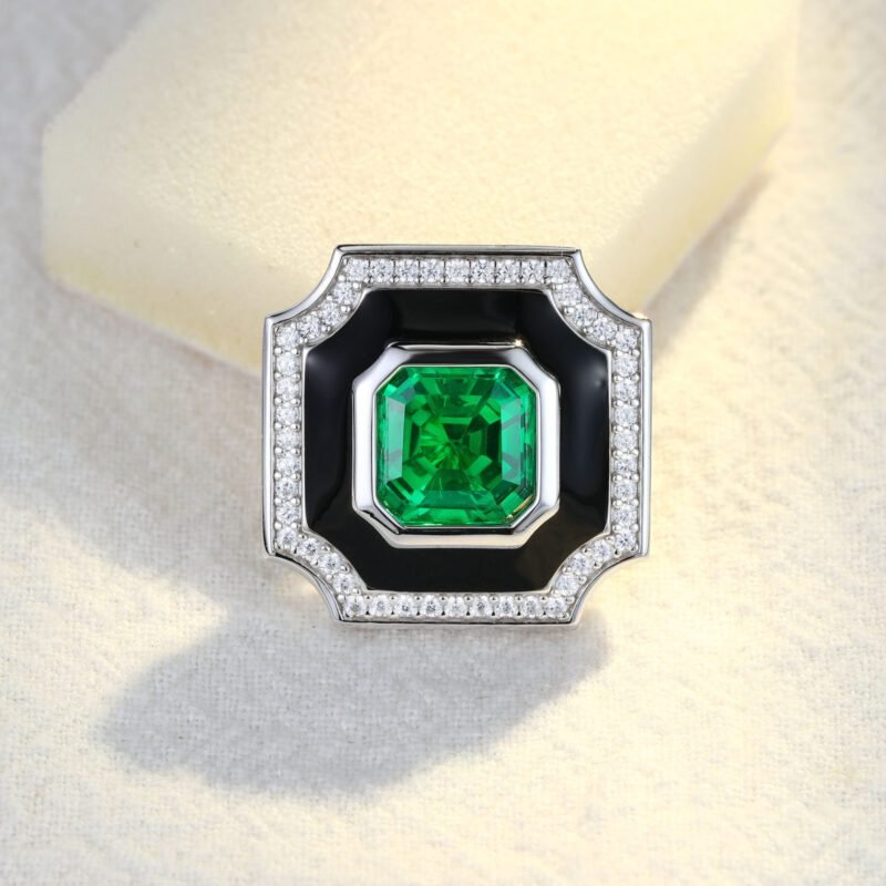 Vintage Emerald Brooch Octagon Shape Enameled Pedant Pins 14K White Gold Multi Halo Beautiful Brooch