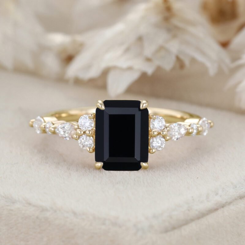 Vintage Emerald Cut Black Onyx Engagement Ring Unique Rose Gold Marquise Diamond Cluster Ring Art Deco Promise Anniversary Ring