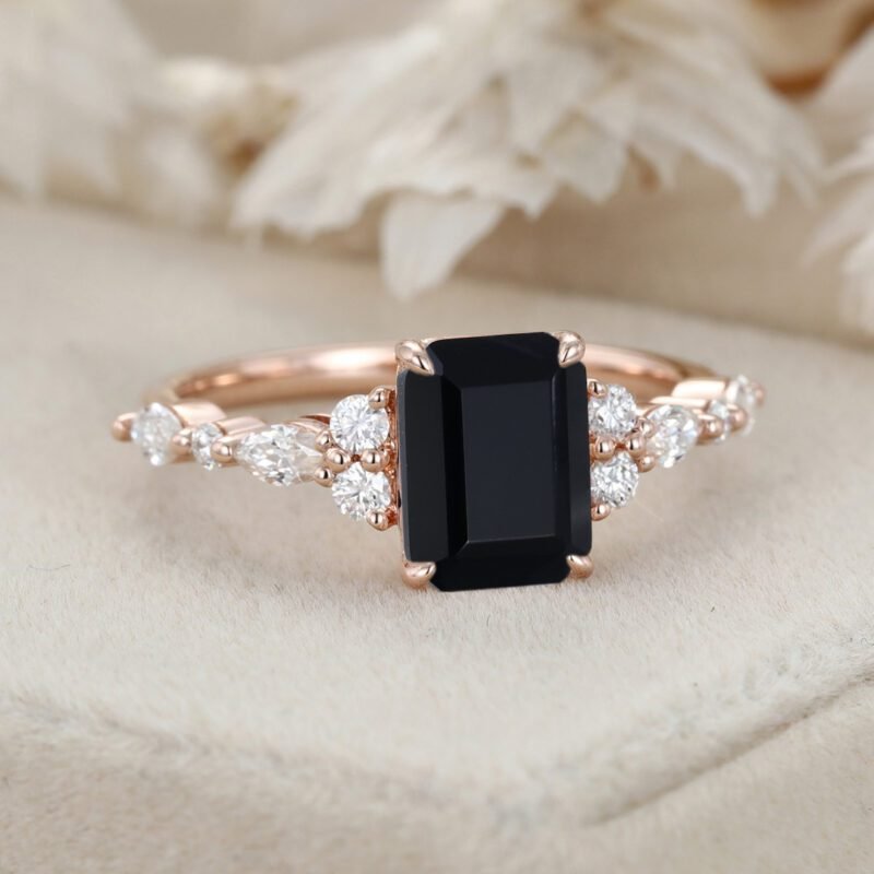 Vintage Emerald Cut Black Onyx Engagement Ring Unique Rose Gold Marquise Diamond Cluster Ring Art Deco Promise Anniversary Ring