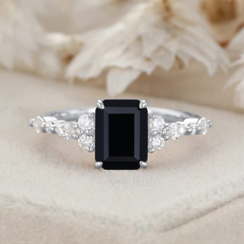 Vintage Emerald Cut Black Onyx Engagement Ring Unique Rose Gold Marquise Diamond Cluster Ring Art Deco Promise Anniversary Ring