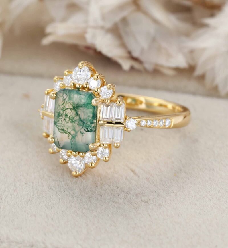 Vintage Emerald Cut Green Moss Agate Ring Natural Agate Engagement Promise Statement 14K Solid Gold Ring Gemstone Anniversary Gift For Her