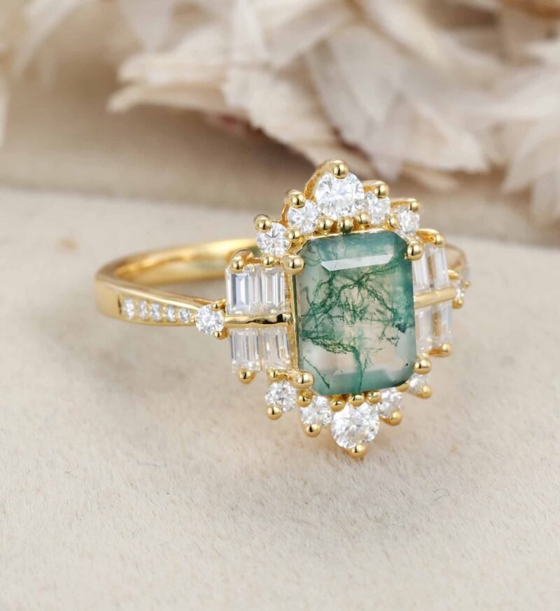 Vintage Emerald Cut Green Moss Agate Ring Natural Agate Engagement Promise Statement 14K Solid Gold Ring Gemstone Anniversary Gift For Her