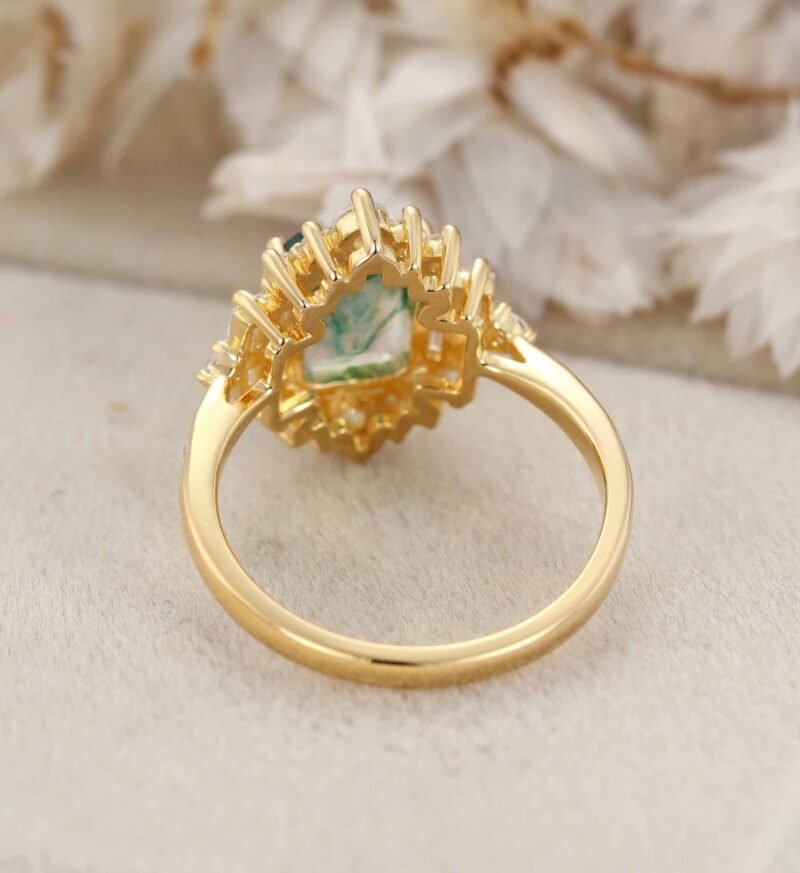 Vintage Emerald Cut Green Moss Agate Ring Natural Agate Engagement Promise Statement 14K Solid Gold Ring Gemstone Anniversary Gift For Her