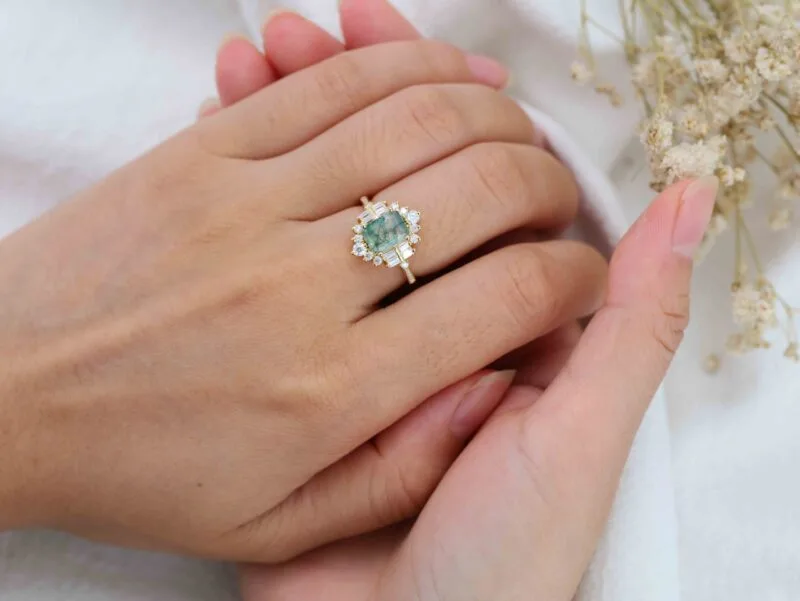 Vintage Emerald Cut Green Moss Agate Ring Natural Agate Engagement Promise Statement 14K Solid Gold Ring Gemstone Anniversary Gift For Her