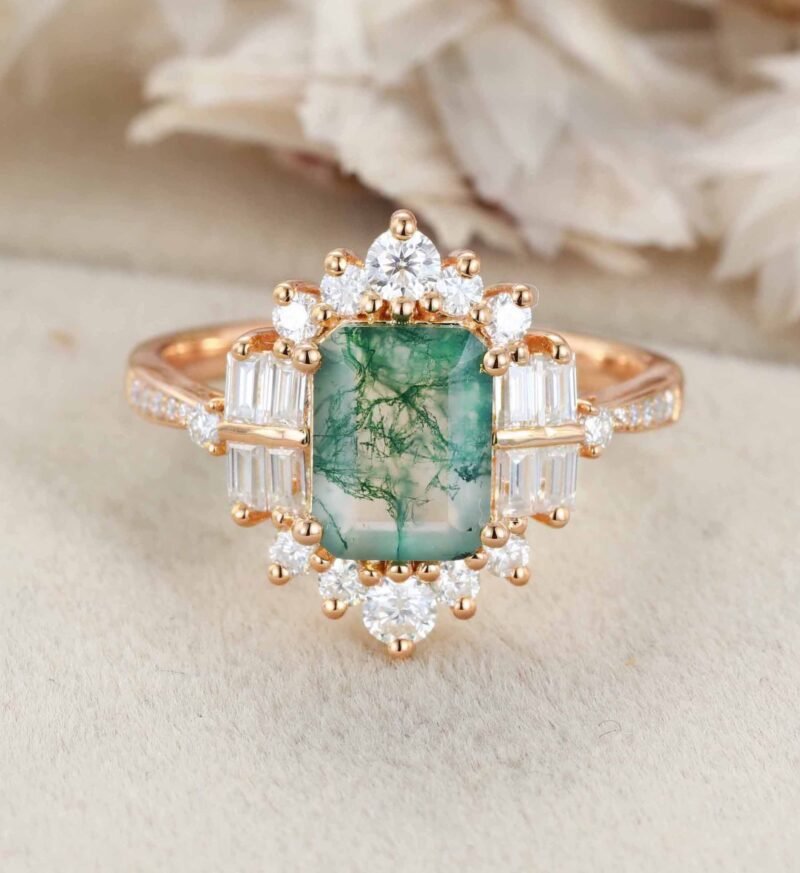 Vintage Emerald Cut Green Moss Agate Ring Natural Agate Engagement Promise Statement 14K Solid Gold Ring Gemstone Anniversary Gift For Her