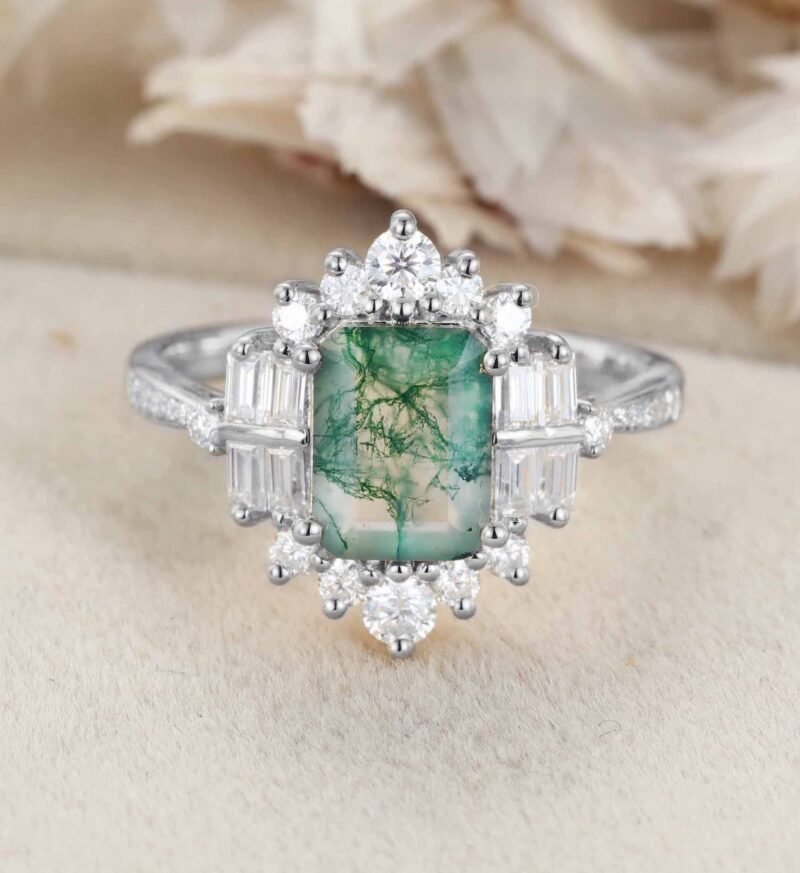 Vintage Emerald Cut Green Moss Agate Ring Natural Agate Engagement Promise Statement 14K Solid Gold Ring Gemstone Anniversary Gift For Her