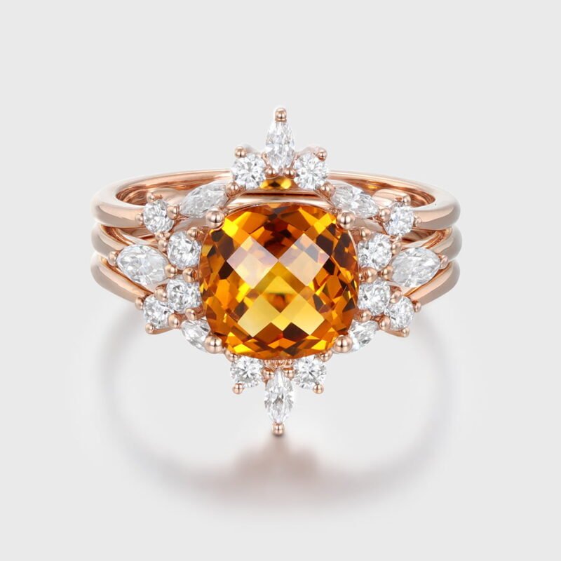 Vintage Square Citrine and Diamond Engagement Ring Set in Rose Gold with Enhancer Wedding Band, Perfect Bridal or Anniversary Gift for Women.