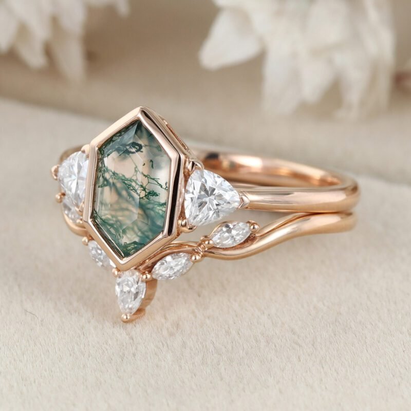 Vintage Hexagon cut moss agate engagement ring set unique Rose gold round moissanite diamond curved wedding band Promise Anniversary gift