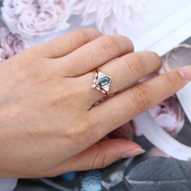 Vintage Hexagon cut moss agate engagement ring set unique Rose gold round moissanite diamond curved wedding band Promise Anniversary gift
