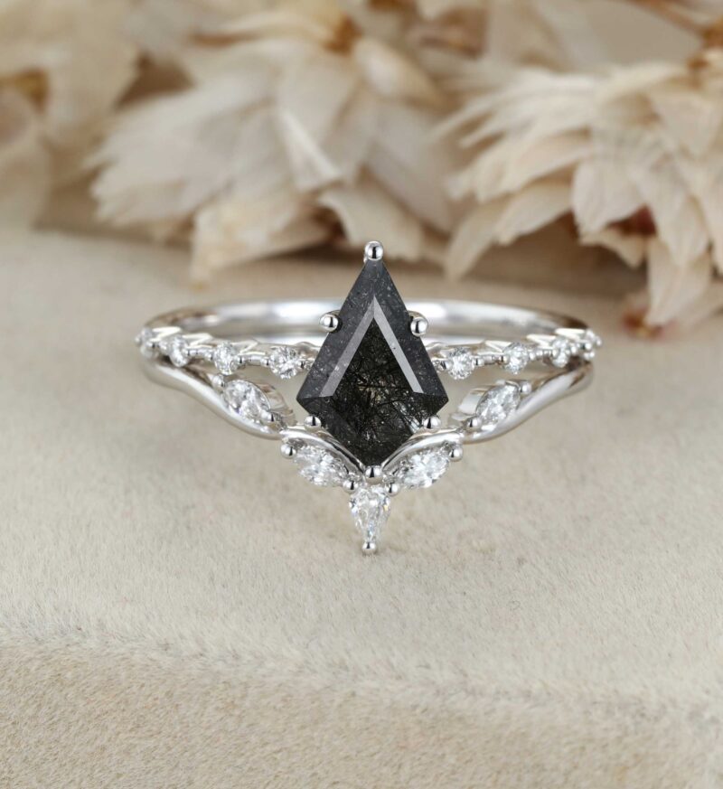 Vintage Kite Black Quartz Rutilated Engagement Ring Set White Gold Diamond Curved Wedding Ring