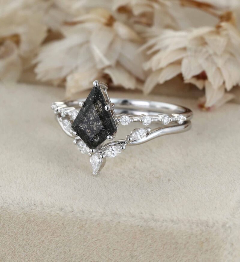 Vintage Kite Black Quartz Rutilated Engagement Ring Set White Gold Diamond Curved Wedding Ring