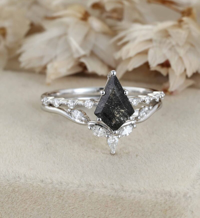 Vintage Kite Black Quartz Rutilated Engagement Ring Set White Gold Diamond Curved Wedding Ring