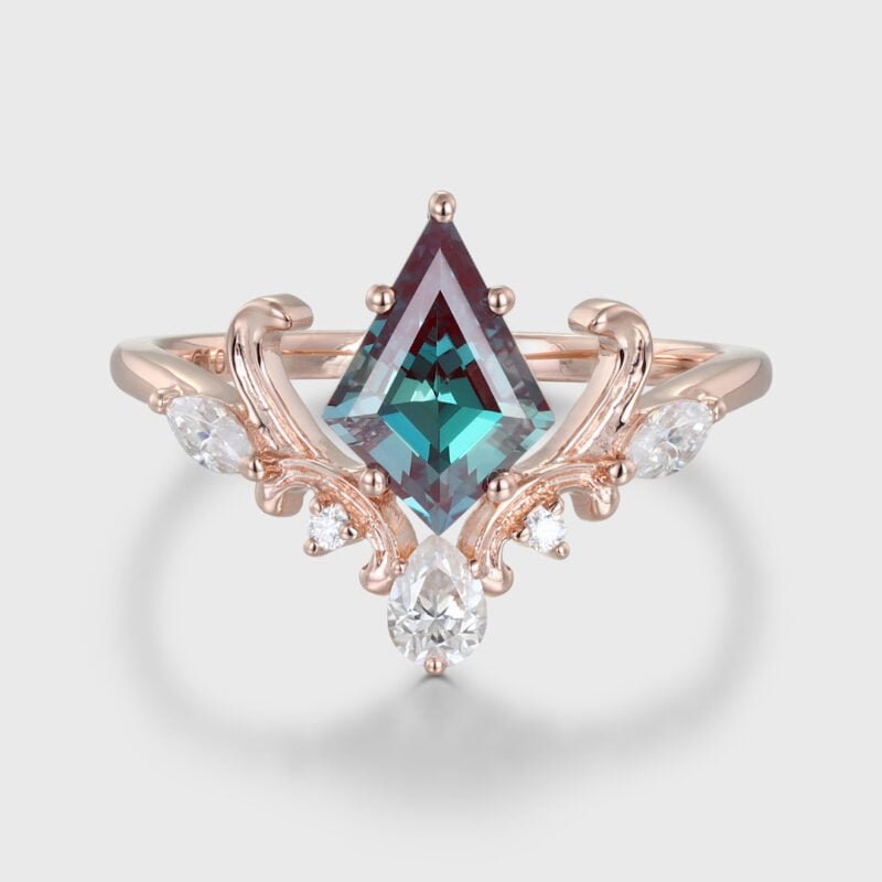 Vintage Kite Cut Alexandrite Engagement Ring Rose Gold Leaf Vine Marquise Cut Diamond Moissanite Ring Unique Bridal Wedding Ring For Women