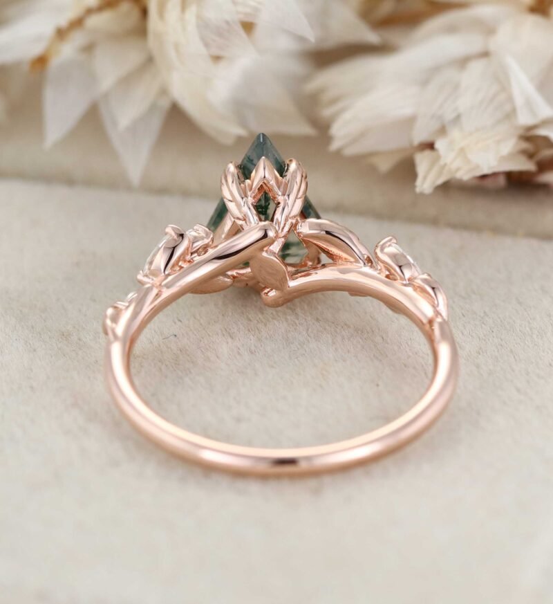 Vintage Kite Cut Moss Agate Engagement Ring Art Deco Leaf Promise Ring Nature Inspired Rose Gold Cluster Ring Unique Anniversary Gifts