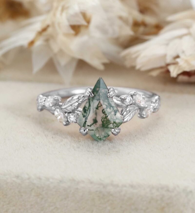 Vintage Kite Cut Moss Agate Engagement Ring Art Deco Leaf Promise Ring Nature Inspired Rose Gold Cluster Ring Unique Anniversary Gifts