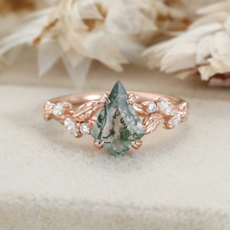 Vintage Kite Cut Moss Agate Engagement Ring Art Deco Leaf Promise Ring Nature Inspired Rose Gold Cluster Ring Unique Anniversary Gifts