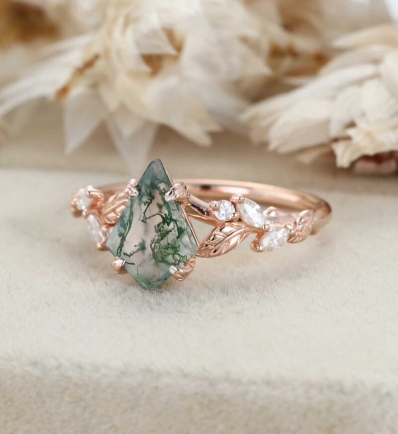 Vintage Kite Cut Moss Agate Engagement Ring Art Deco Leaf Promise Ring Nature Inspired Rose Gold Cluster Ring Unique Anniversary Gifts