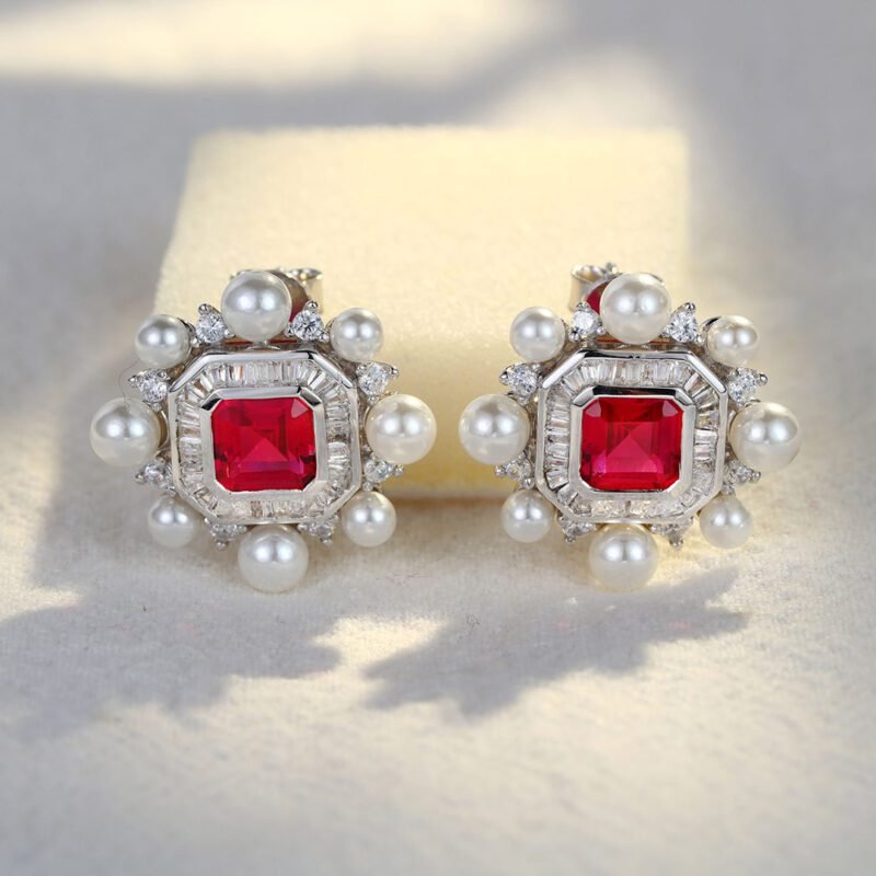 Vintage Lab Ruby Earrings Octagon Shape Earrings Pearl Halo 14K Solid Gold Earrings Unique Baguette Moissanite Earrings