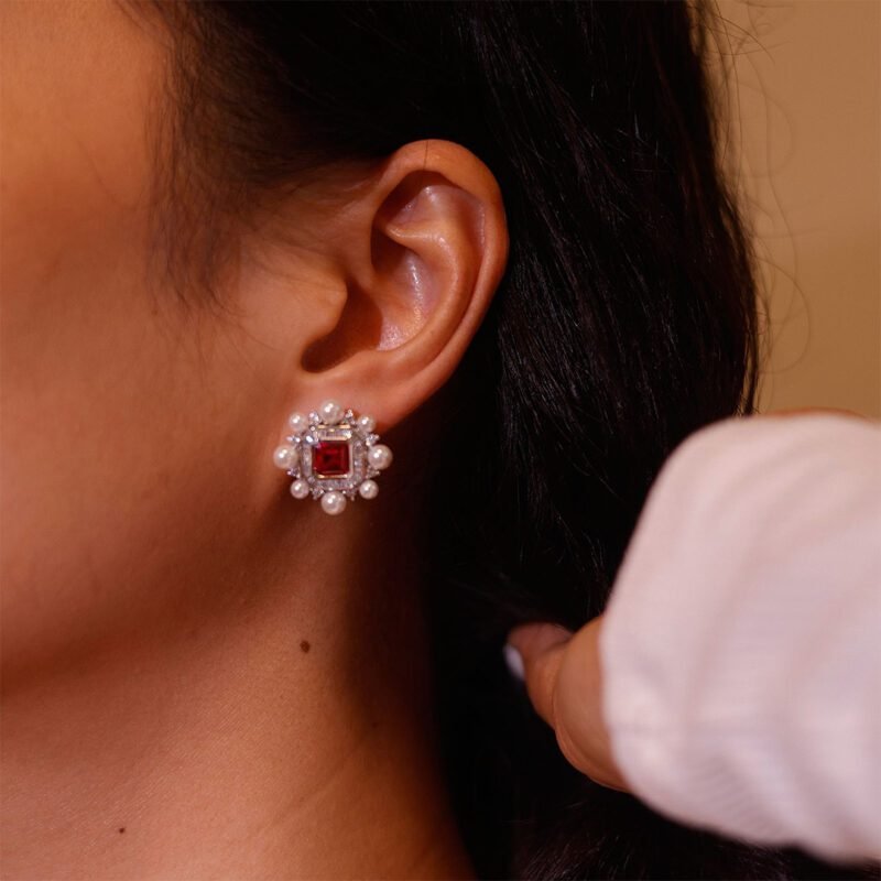 Vintage Lab Ruby Earrings Octagon Shape Earrings Pearl Halo 14K Solid Gold Earrings Unique Baguette Moissanite Earrings