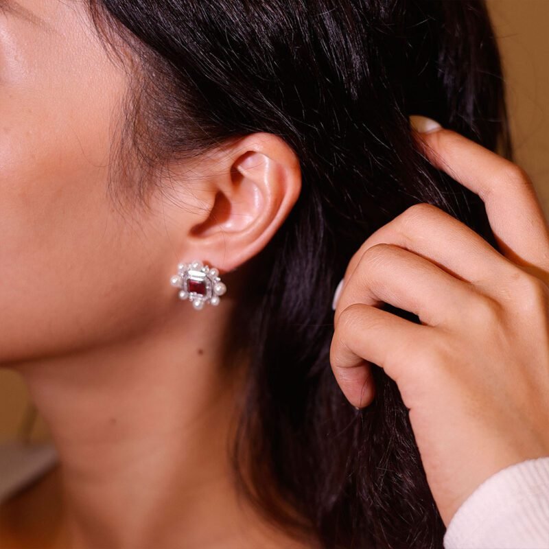Vintage Lab Ruby Earrings Octagon Shape Earrings Pearl Halo 14K Solid Gold Earrings Unique Baguette Moissanite Earrings