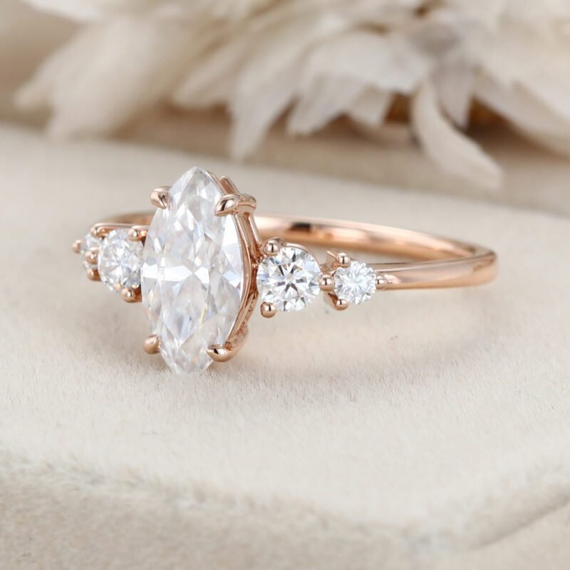 Vintage Marquise Moissanite Engagement Ring Unique Rose gold cluster engagement Ring round moissanite ring Promise Bridal Anniversary gift