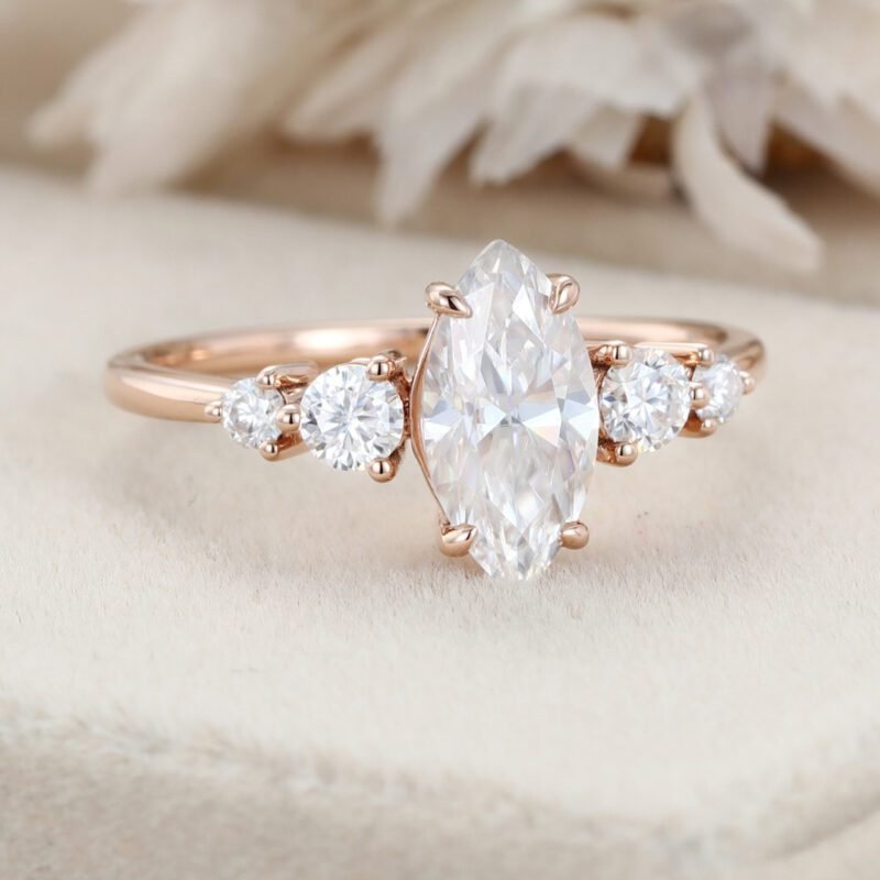 Vintage Marquise Moissanite Engagement Ring Unique Rose gold cluster engagement Ring round moissanite ring Promise Bridal Anniversary gift