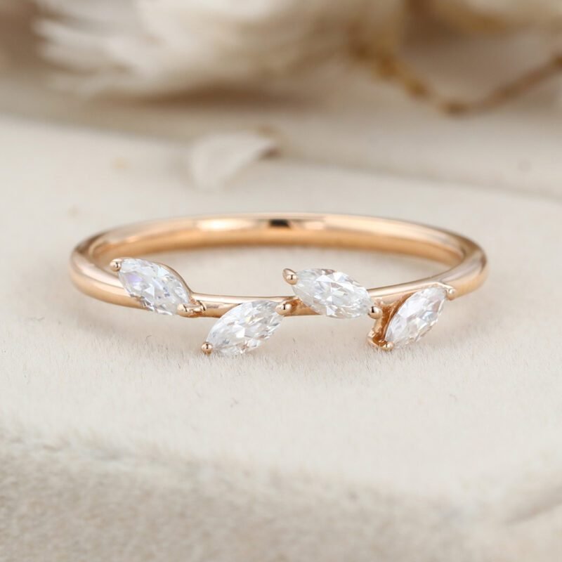 Vintage Marquise Moissanite wedding band Unique Rose gold diamond wedding band Women Delicate Dainty Stacking Bridal Jewelry Anniversary