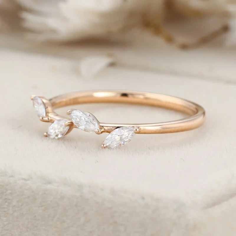 Vintage Marquise Moissanite wedding band Unique Rose gold diamond wedding band Women Delicate Dainty Stacking Bridal Jewelry Anniversary