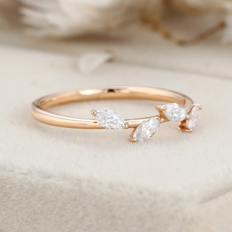 Vintage Marquise Moissanite wedding band Unique Rose gold diamond wedding band Women Delicate Dainty Stacking Bridal Jewelry Anniversary