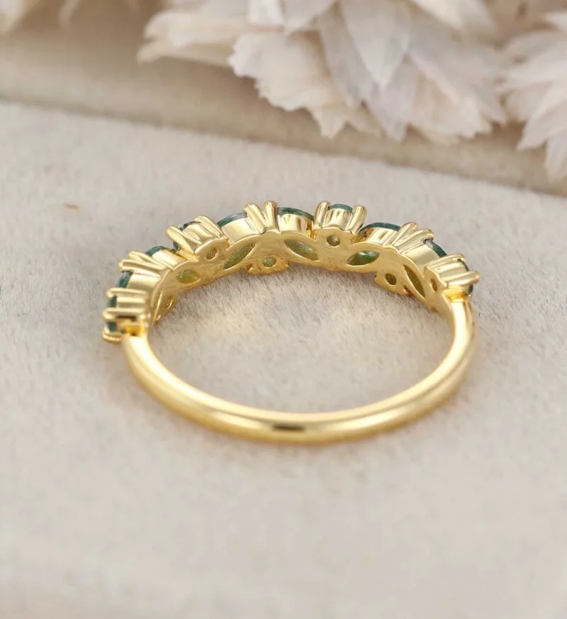 Vintage Marquise Natural Moss Agate Wedding Band 14K Solid Gold Moss Agate Wedding Ring Stacking Promise Rings For Women