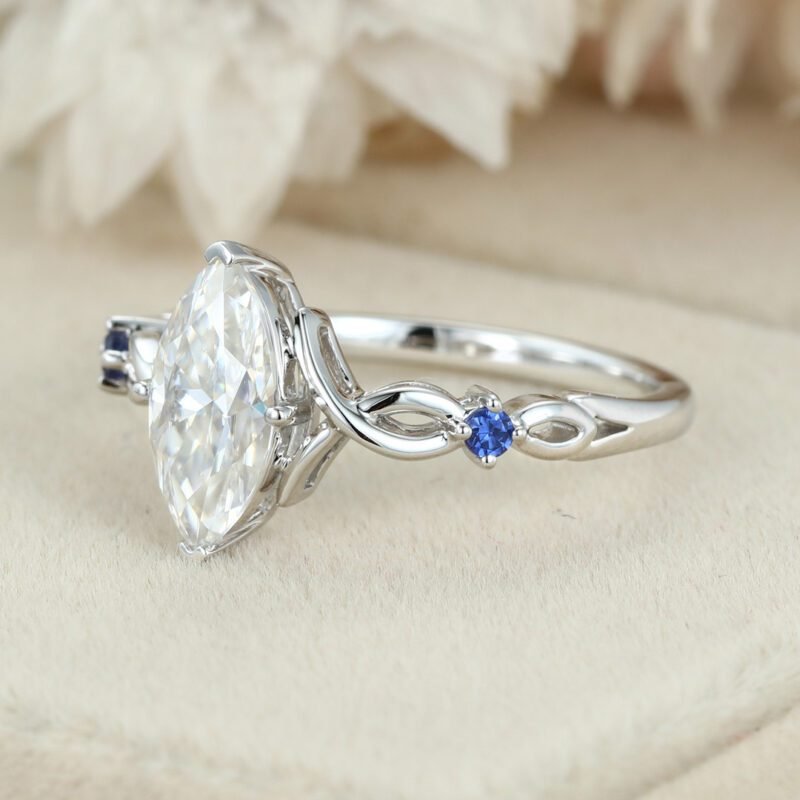 Vintage Marquise moissanite engagement ring art deco Sapphire engagement ring unique White gold engagement ring Bridal Promise Anniversary