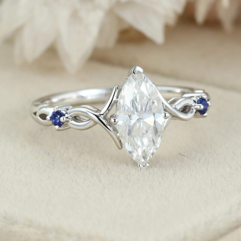 Vintage Marquise moissanite engagement ring art deco Sapphire engagement ring unique White gold engagement ring Bridal Promise Anniversary