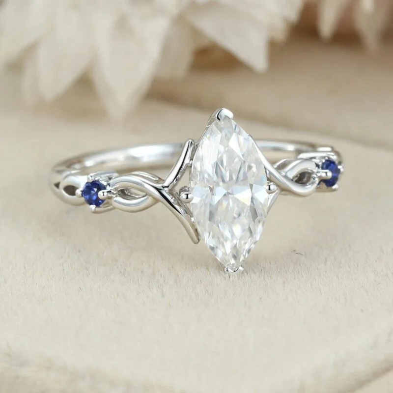 Vintage Marquise moissanite engagement ring art deco Sapphire engagement ring unique White gold engagement ring Bridal Promise Anniversary