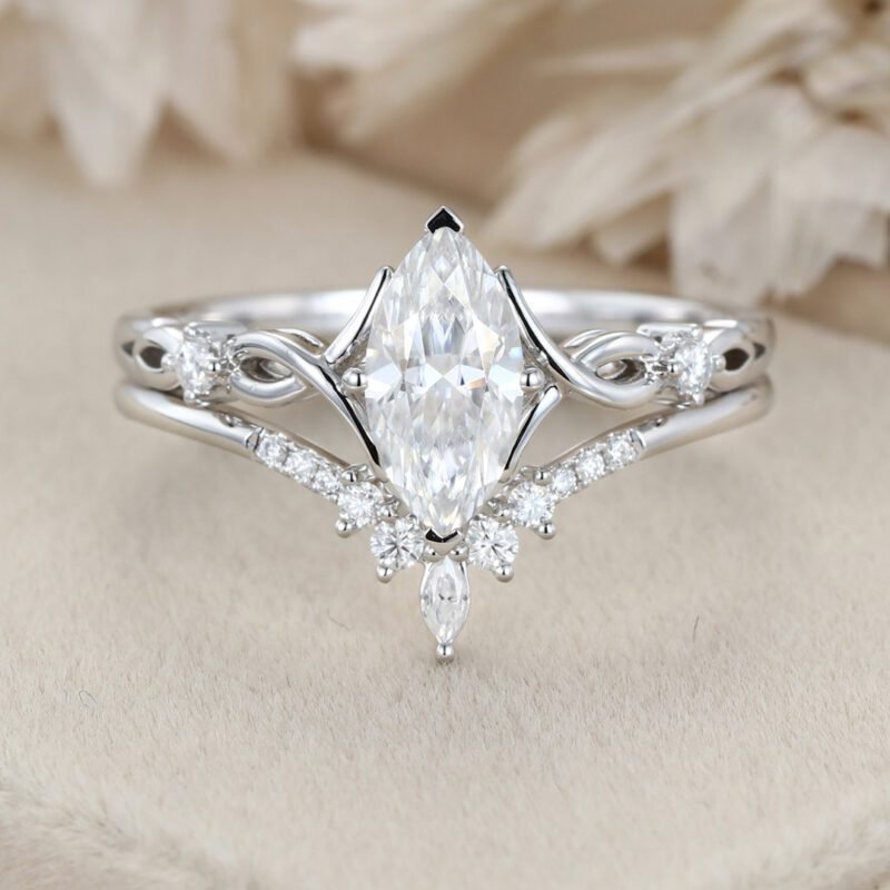 Vintage Marquise moissanite engagement ring set Unique art deco diamond engagement ring White gold engagement ring Bridal Promise Anniversary