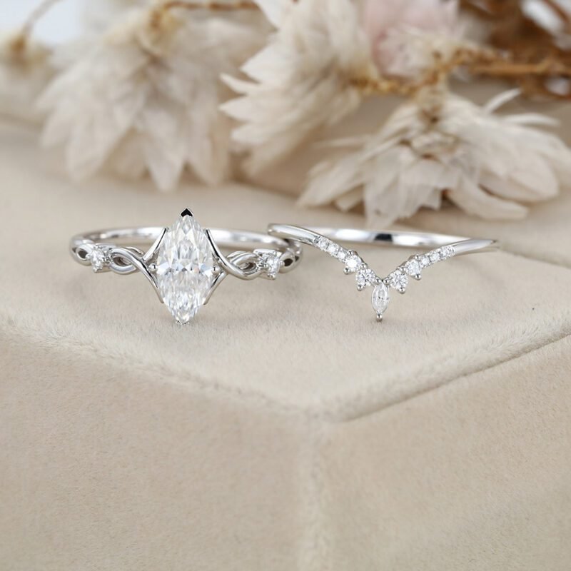 Vintage Marquise moissanite engagement ring set Unique art deco diamond engagement ring White gold engagement ring Bridal Promise Anniversary