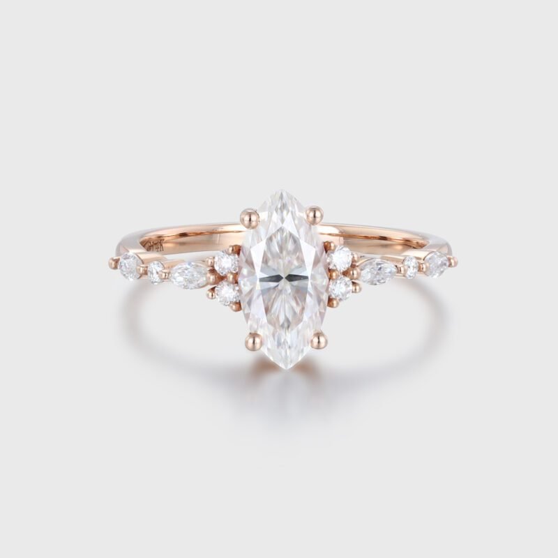 1ct Marquise Cut Moissanite Cluster Engagement Ring In 14K Rose Gold
