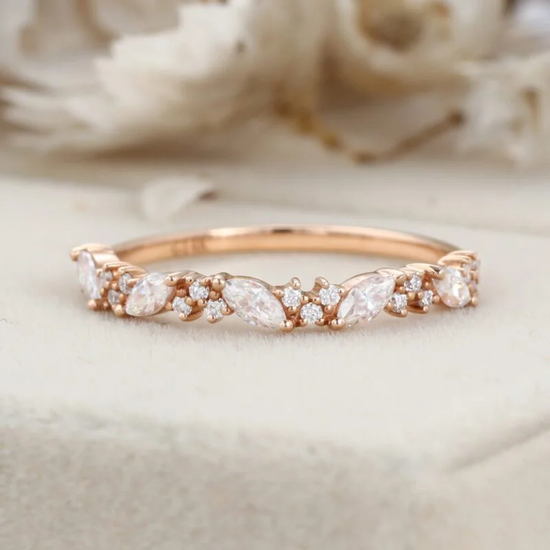 Vintage Matching Unique Bridal Stacking Promise women ring Rose gold wedding band women half eternity Marquise Moissanite wedding band