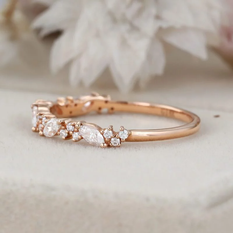 Vintage Matching Unique Bridal Stacking Promise women ring Rose gold wedding band women half eternity Marquise Moissanite wedding band