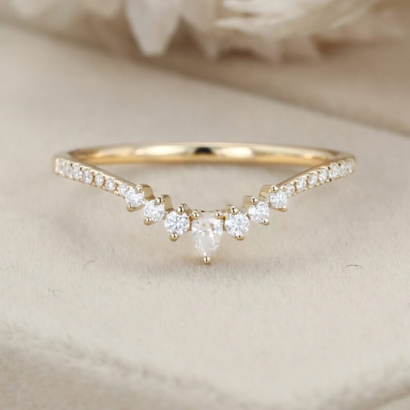 Vintage Moissanite Curved Wedding Band Yellow gold Diamond Wedding band unique wedding band stacking Matching promise ring Anniversary gift