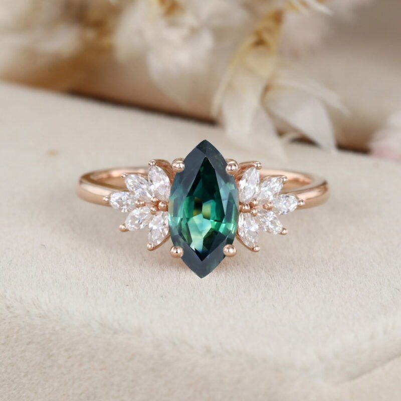 Vintage Moissanite Wedding Ring Marquise Cut Lab Green Blue Sapphire Engagement ring Handmade 14k Rose Gold Ring Dainty Bridal gift Ring