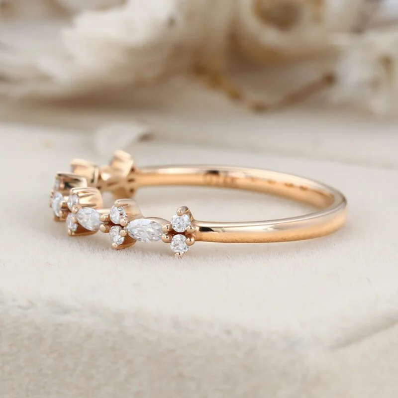 Vintage Moissanite wedding band Unique Rose gold wedding band Half eternity marquise diamond ring dainty ring Matching band wedding ring