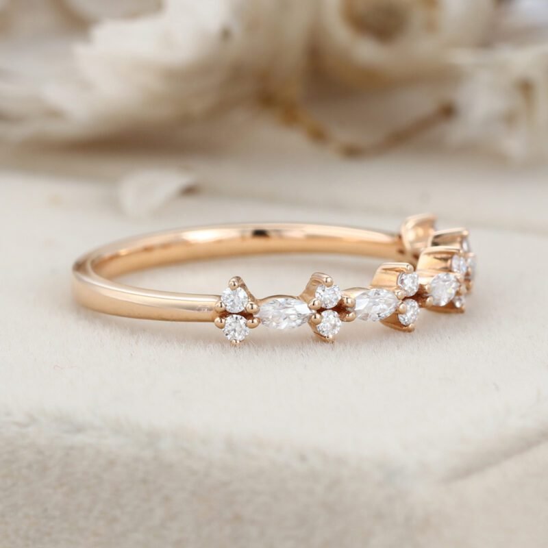 Vintage Moissanite wedding band Unique Rose gold wedding band Half eternity marquise diamond ring dainty ring Matching band wedding ring