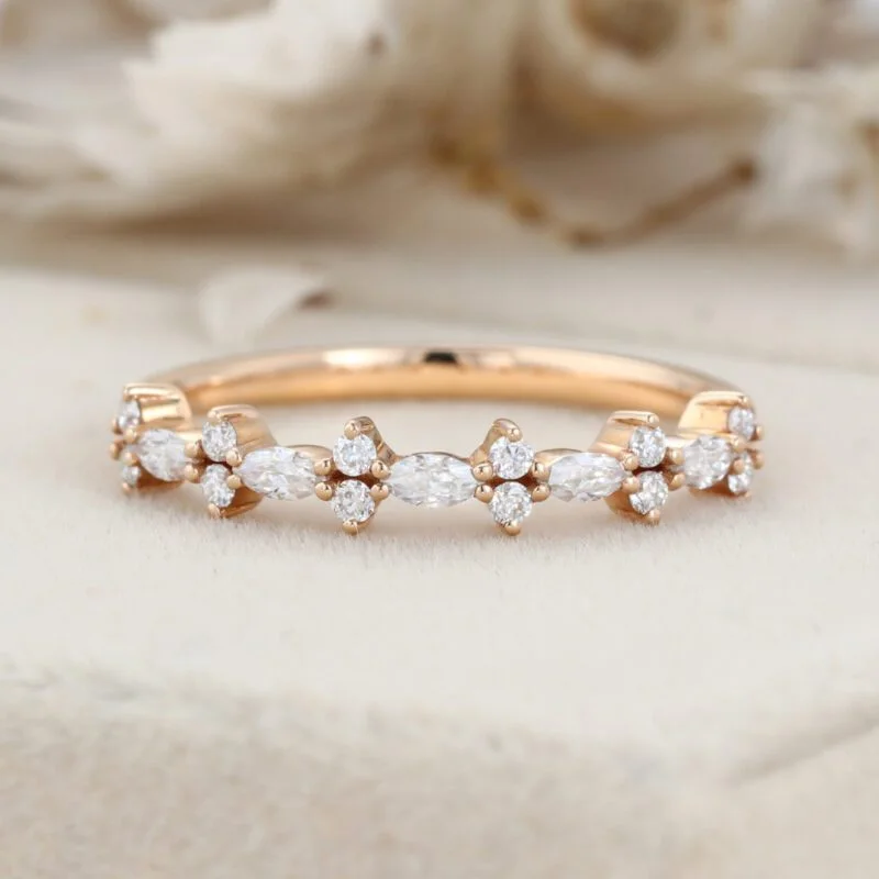 Vintage Moissanite wedding band Unique Rose gold wedding band Half eternity marquise diamond ring dainty ring Matching band wedding ring