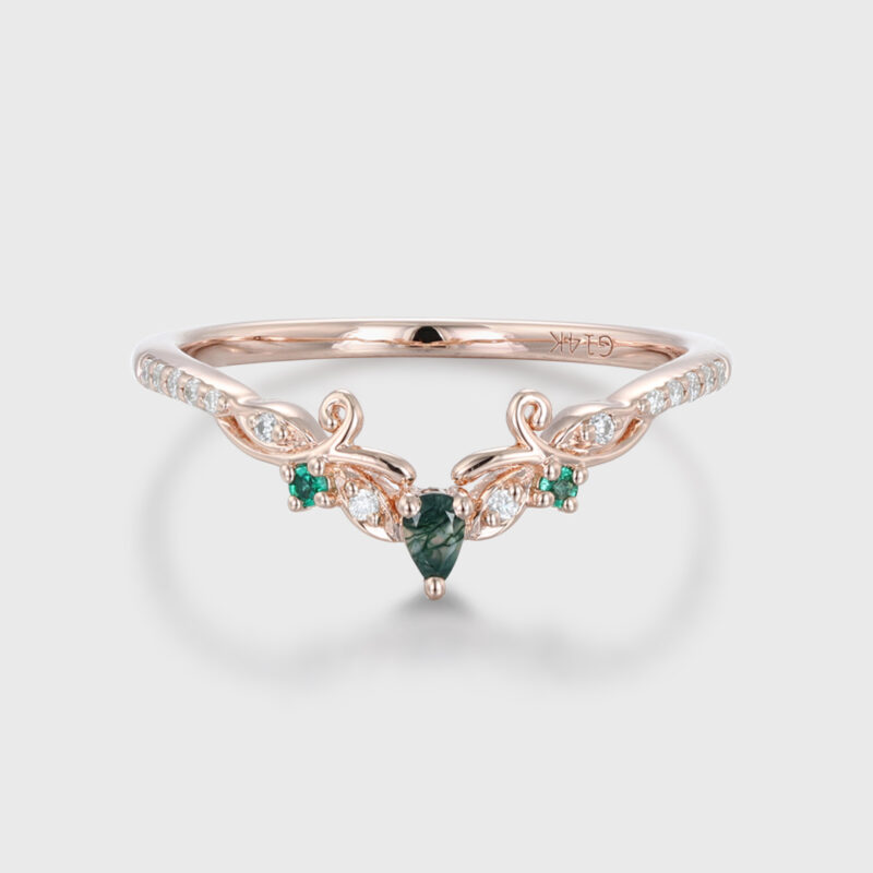 oveela Vintage rose gold moss agate and diamond curved wedding band with natural-inspired design, perfect for stacking and bridal wear.