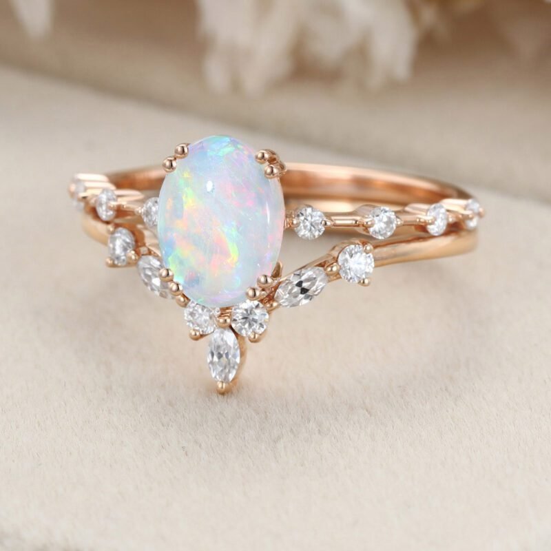 Vintage Opal engagement ring set Oval shaped Rose gold engagement ring Unique moissanite engagement ring wedding Bridal Promise Anniversary