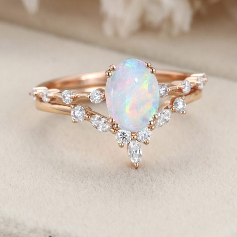 Vintage Opal engagement ring set Oval shaped Rose gold engagement ring Unique moissanite engagement ring wedding Bridal Promise Anniversary