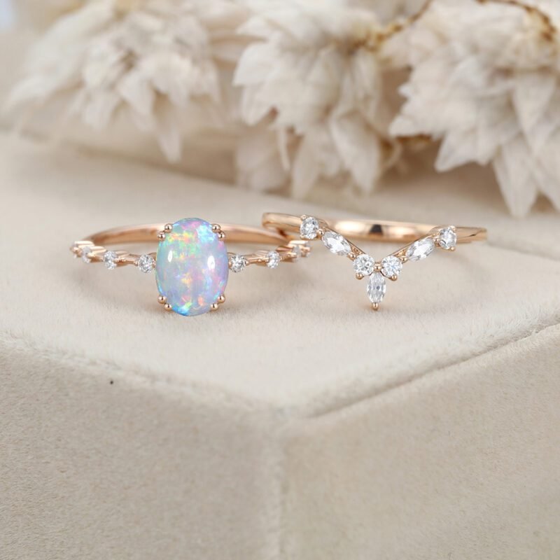 Vintage Opal engagement ring set Oval shaped Rose gold engagement ring Unique moissanite engagement ring wedding Bridal Promise Anniversary